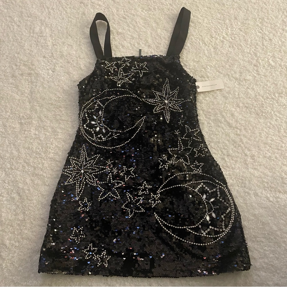 NWT ANTHROPOLOGIE SQUARE-NECK SEQUIN & RHINESTONE MINI SHIFT BLACK DRESS Sz: XXS - Picture 7 of 9